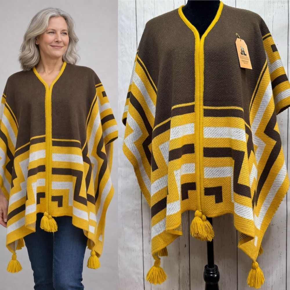 Alpaca Fina Reversible Alpaca Wool Poncho Cape Tassels Open Front Boho Layered